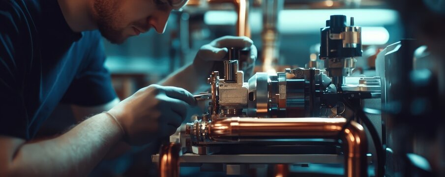 Technician assembling a heat pump system.