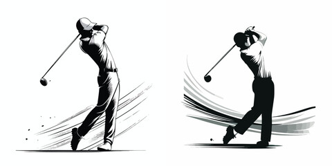 silhouette image of a man playing golf on a white background