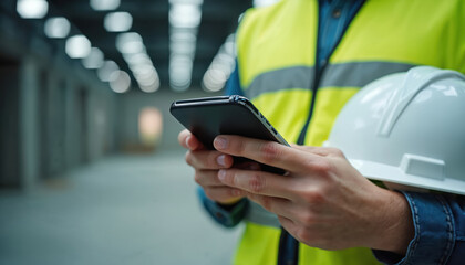 Construction worker in high visibility vest and hard hat holds smartphone. Man checks phone on building site. Professional uses mobile device indoors. Worker has protective gear.