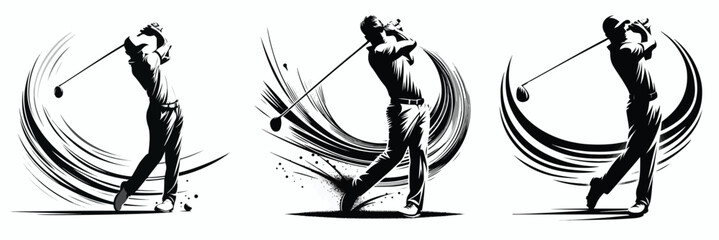 silhouette image of a man playing golf on a white background