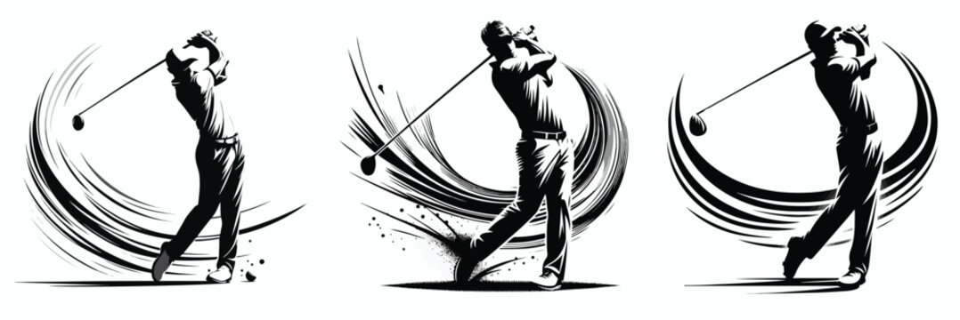 silhouette image of a man playing golf on a white background