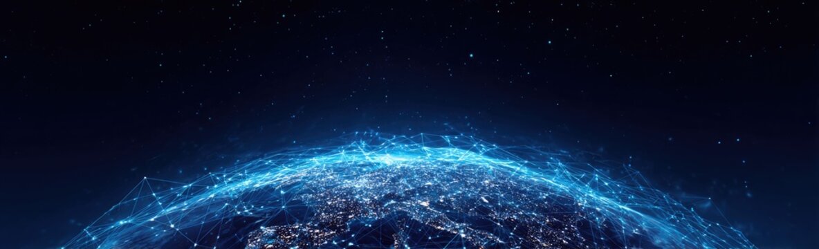 An artistic depiction of Earth at night, lit up with glowing lights. A web of light surrounds the globe