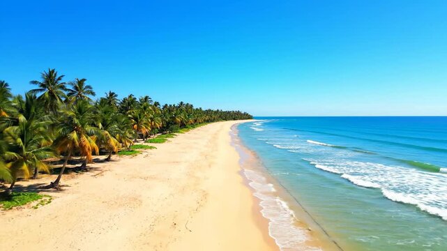 Aerial view of a tropical beach with palm trees, sand, sea, and blue sky. Serene, sunny day on a tropical beach paradise.