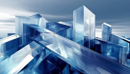 Abstract Cityscape with Translucent Ice Blocks and Futuristic Geometries in Calm Tones