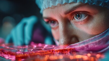 A close-up of a determined scientist examining colorful samples under a microscope in a lab setting, showcasing dedication and precision in research.