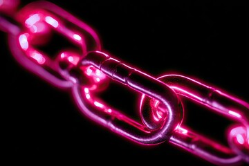 Macro shot of a chain with a glowing, pink aura against a black background, high contrast