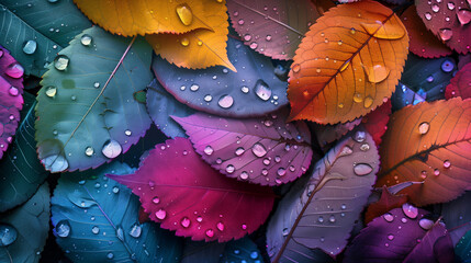 ChatGPT said:

Colorful drops of water in shades of pink, purple, blue, yellow, and green rest delicately on a multicolored leaf, sparkling in the light and creating a vibrant, refreshing scene.