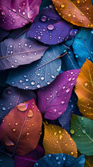 ChatGPT said:

Colorful drops of water in shades of pink, purple, blue, yellow, and green rest delicately on a multicolored leaf, sparkling in the light and creating a vibrant, refreshing scene.