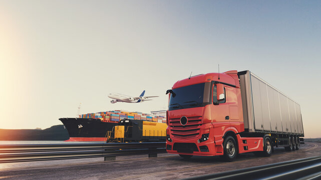 Truck airplane and cargo ship at seaport logistics hub