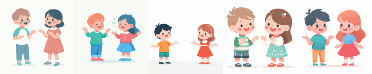 vector little boy and little girl talking casually with open hand gestures