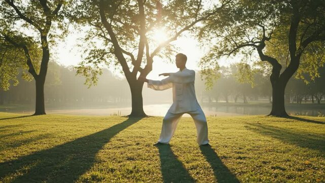 Man performing tai chi moves in a tranquil park at sunrise, practicing balance and movement for wellbeing.