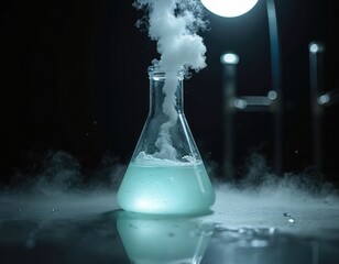 Erlenmeyer flask bubbles with light blue liquid. White vapor escapes from active chemical reaction in lab glassware. Science experiment with smoke, fluid in dark setting. Research, development study.