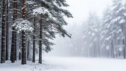 Snow covered pine forest trees in a foggy winter landscape with heavy snow fall and frost on branches, atmospheric winter scene