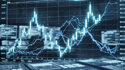 Dynamic digital interface displaying intricate financial market data visualizations, including glowing candlestick charts and line graphs, illustrating investment trends and global economic analysis - Powered by Adobe