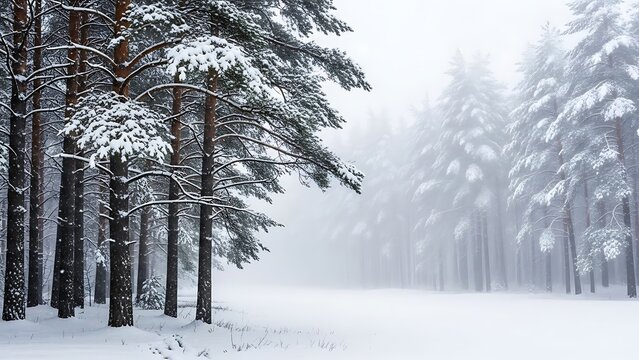 Snow covered pine forest trees in a foggy winter landscape with heavy snow fall and frost on branches, atmospheric winter scene - Powered by Adobe