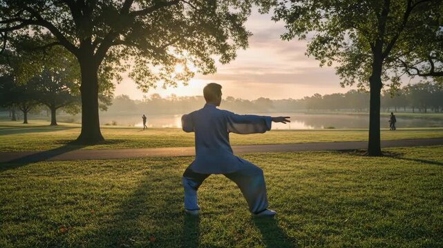 Man performs tai chi movements in park at sunrise, showcasing oriental discipline and healthy lifestyle concept.