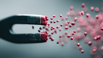 A strong magnet, pulling in a stream of small, metallic customer icons from a distance, while repelling negative icons, customer attraction and brand polarity 