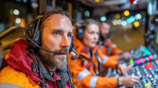 A focused multi-ethnic emergency response team member operates equipment in a high-alert situation, emphasizing teamwork and readiness. - Powered by Adobe