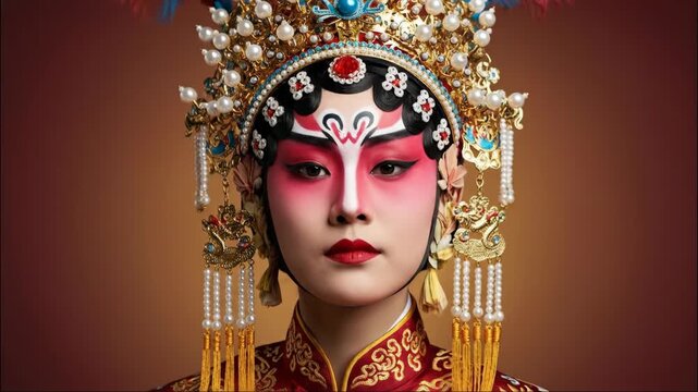 Woman with traditional chinese opera makeup gradually changes expression, a mysterious asian performing art transformation