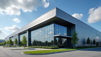 Fototapeta premium Modern office building with aluminum siding and flat roof. Large glass windows reflect blue sky. Trees and grass surround building. Parking lot in front. Business and corporation exterior.