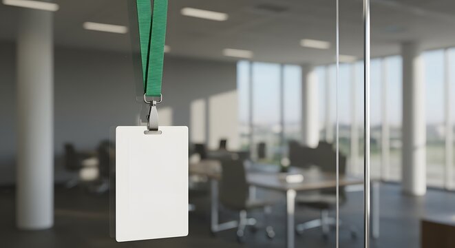White employee badge mockup corporate office background identity security access pass