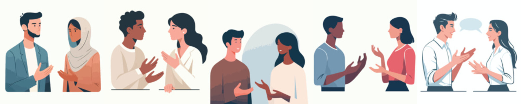 vector man and woman talking casually with open hand gestures