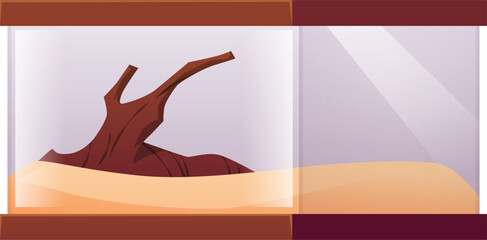 Glass rectangular terrarium with sand and driftwood for exotic animals.