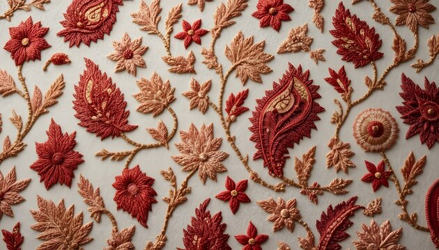 "Intricate Kashmiri Aari embroidery featuring fine hand-stitched paisley motifs, delicate chinar leaves, and flowing floral vines in deep red and gold threads, arranged on a soft cream wool fabric. Ul