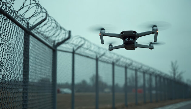 Drone flies near barbed wire fence. Unmanned aerial vehicle surveils prison perimeter. Technology monitors secure border. Security system watches for escapes. Law enforcement uses drone for patrol.