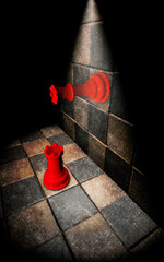 Chess pieces on two boards: Rook and Queen resting on two perpendicular boards. 3d rendering