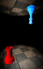 Chess pieces on a chessboard: Rook and Queen viewed upside down on two parallel planes. 3d rendering