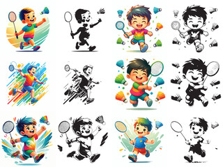 vector and silhouette set of little boy playing badminton on white background