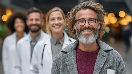 A diverse group of healthcare professionals, including a bearded man, smiling confidently towards the camera in a vibrant setting. They exude positivity and teamwork.
