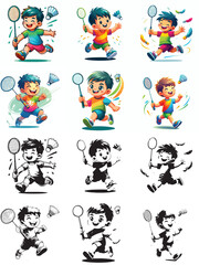 vector and silhouette set of little boy playing badminton on white background