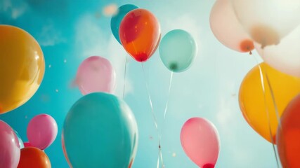 Colorful balloons floating with confetti against blue backdrop