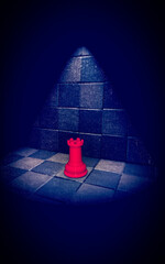 Chess pieces on a chessboard: Rook illuminated by a light from above, 3d rendering