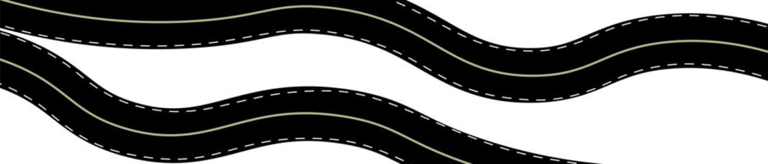 Naklejka premium Winding road top view, curved highway path with lane markings, long trip route map, wavy street track design. Flat vector illustration isolated on white background.