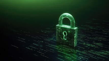 glowing, complex digital padlock icon floating in front of a background of streaming green matrix code, symbolizing cybersecurity and encryption, dramatic backlighting, volumetric haze,