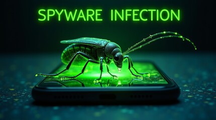 A digital illustration of a green insect resembling a bug on a smartphone, symbolizing spyware infection.