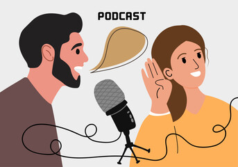 Podcast concept,&nbsp;Radio host. Media tool, mic and speech bubble. Podcaster speaking to mic&nbsp;the guest is listening, broadcaster at workspace. Vector illustration.
