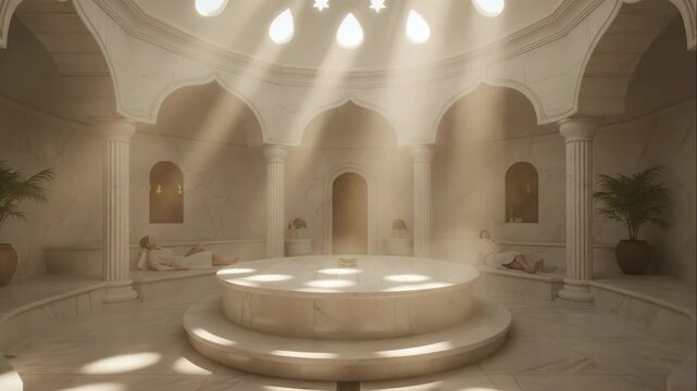 Woman relaxing in a grand, sunlit traditional middle eastern bathhouse, a tranquil spa concept