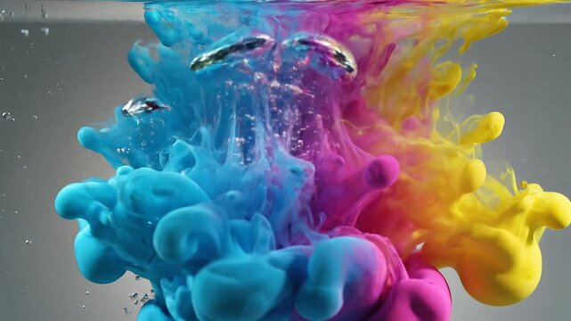 Ultra-detailed macro shot of colorful abstract liquid paint swirling in water