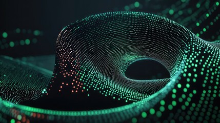 holographic stock market ticker tape, flowing in a complex, three-dimensional spiral, with bullish and bearish trends represented by glowing green and red particles, sophisticated financial data viz. 