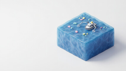 Isometric 3D rendering of a water cube with a boat cleaning up plastic trash. Visual for clean water and ocean conservation initiatives and recycling.