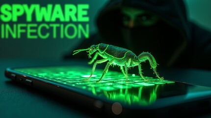 A digital representation of spyware depicted as a green bug crawling on a smartphone, highlighting cyber threats.
