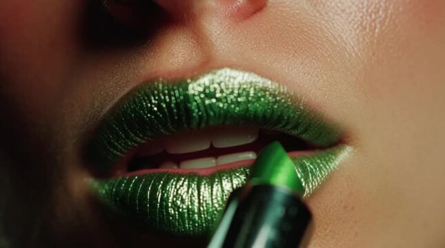 Woman&rsquo;s lips applying metallic green lipstick. The makeup highlights rich texture, intense shine, and a bold, modern finish, focusing on the details of the lips. 