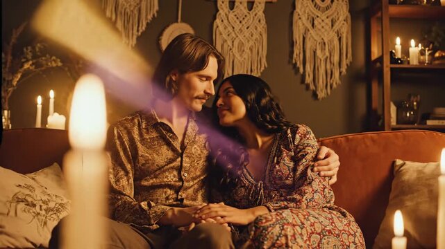 A man and woman embracing on a couch in a dreamy bohemian interior. Romantic couple cuddling with warm candlelight and macrame hangings in cozy living room.