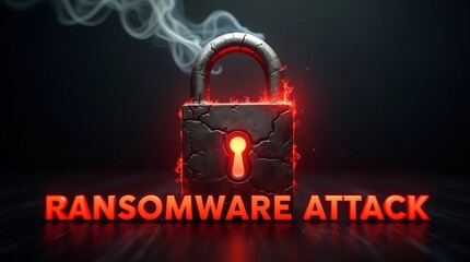 A dramatic depiction of a padlock engulfed in flames, symbolizing a ransomware attack with bold text underneath.