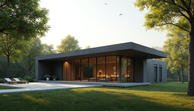 Modern minimal house design with floor to ceiling glass walls sits on green grass field. Large flat roof structure with overhang. Two lounge chairs on paved patio. Surrounded by rich green trees,