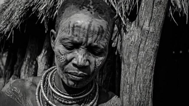 African woman with traditional scarification and jewelry on her neck closing her eyes for a moment against a natural wood texture